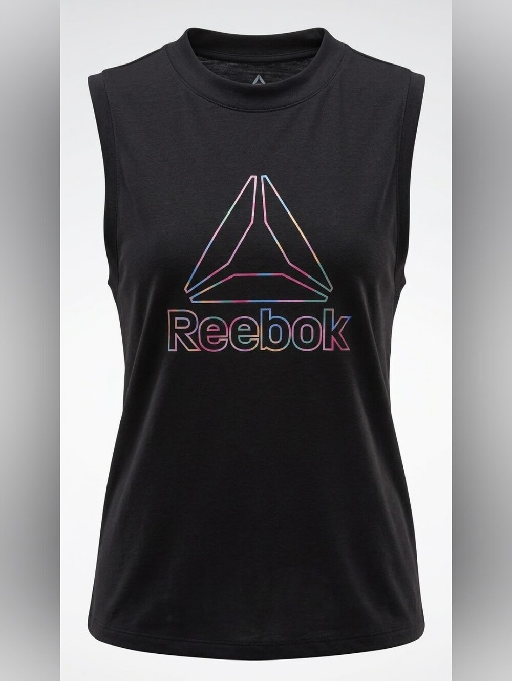 Reebok Black High Neck Tank Top Women's XL Rainbow Iridescent Logo Sleeveless Sh